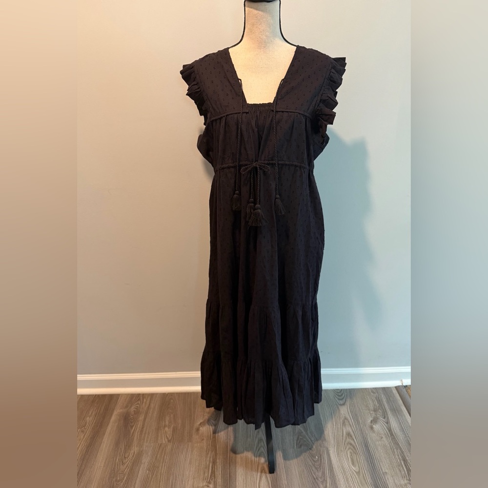 Millie Resort & Travel Black Swiss Dot Midi Dress Pockets Women’s Large NWT